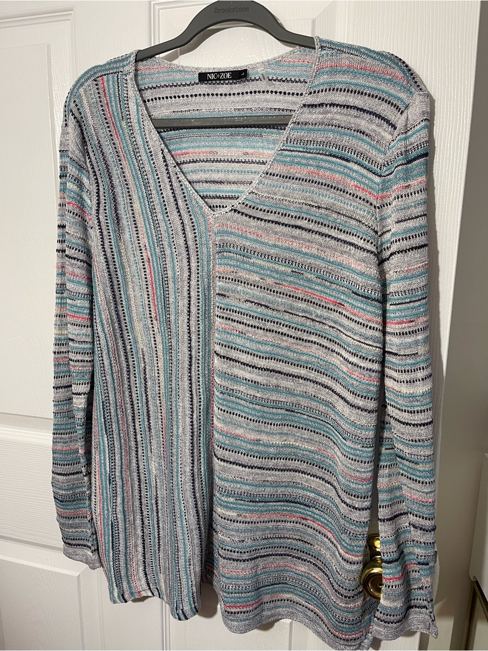 NIC+ZOE Striped V-Neck Open Knit Sweater in Blue, Gray and Pink